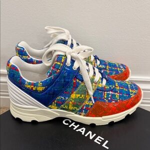 Chanel Multicolor Tweed Sneakers CC Trainers Size 37 Rare Statement Worn Once